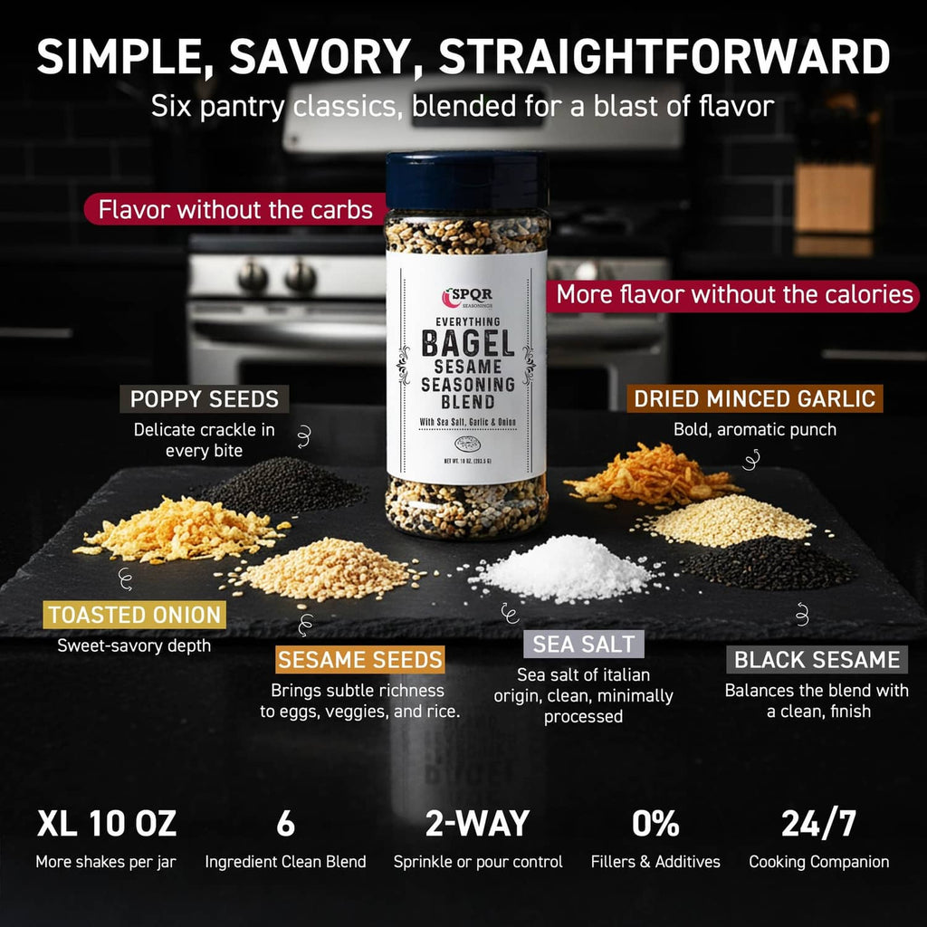 Everything bagel seasoning blend jar with blue lid and ingredient highlights