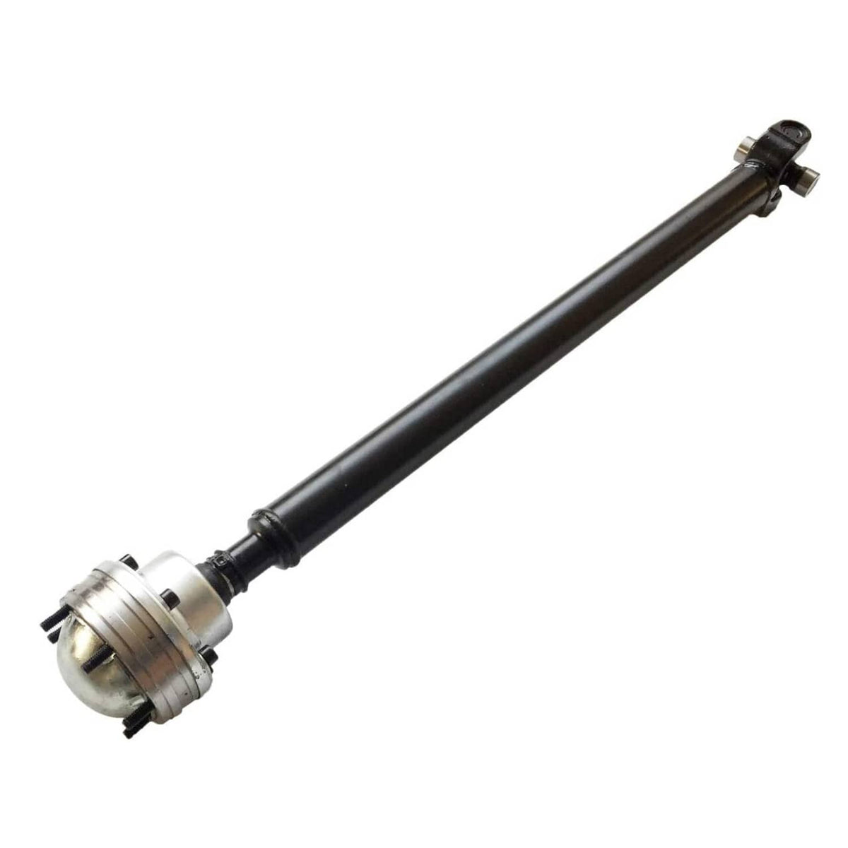 Front drive shaft with flange yoke end and black steel tube body.
