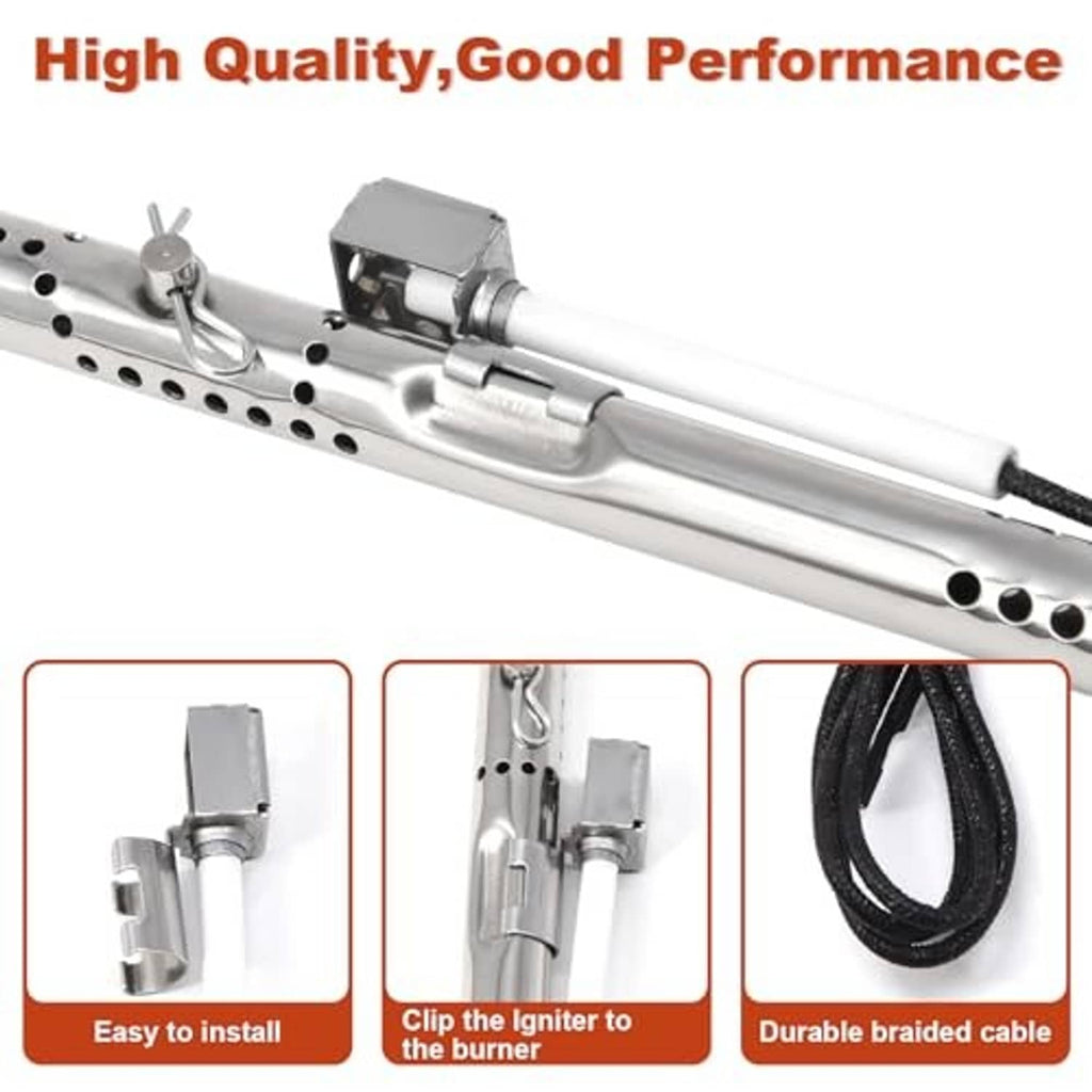 Burner assembly with igniter, braided cable loop, and stainless metal end fitting