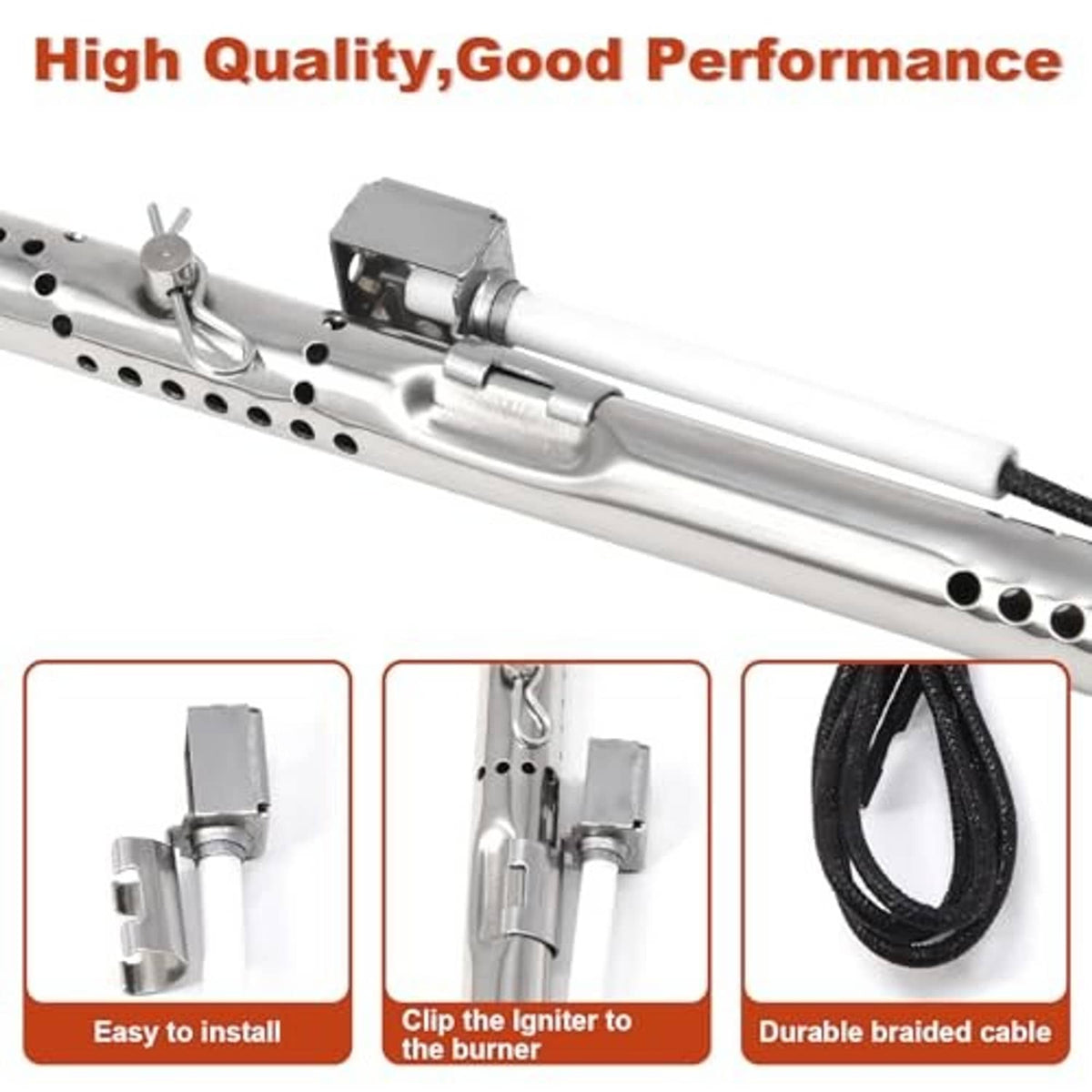 Burner assembly with igniter, braided cable loop, and stainless metal end fitting