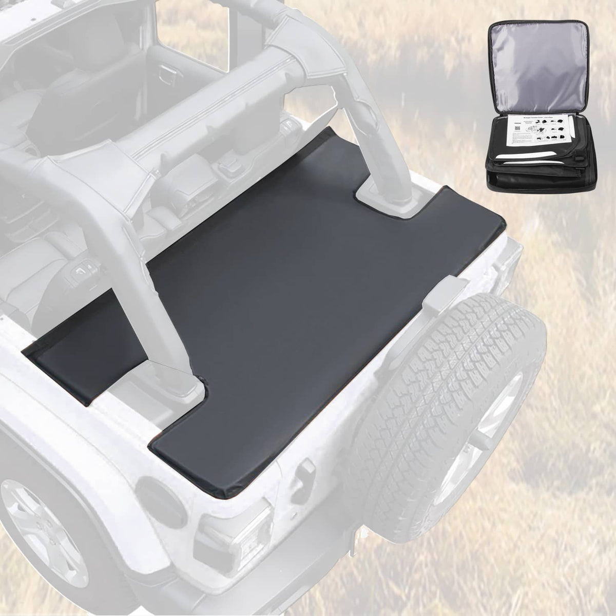 Black soft vinyl tonneau cover for 4-door Jeep rear cargo area
