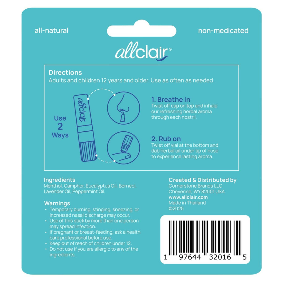 Turquoise inhaler pack back panel with barcode and directions layout