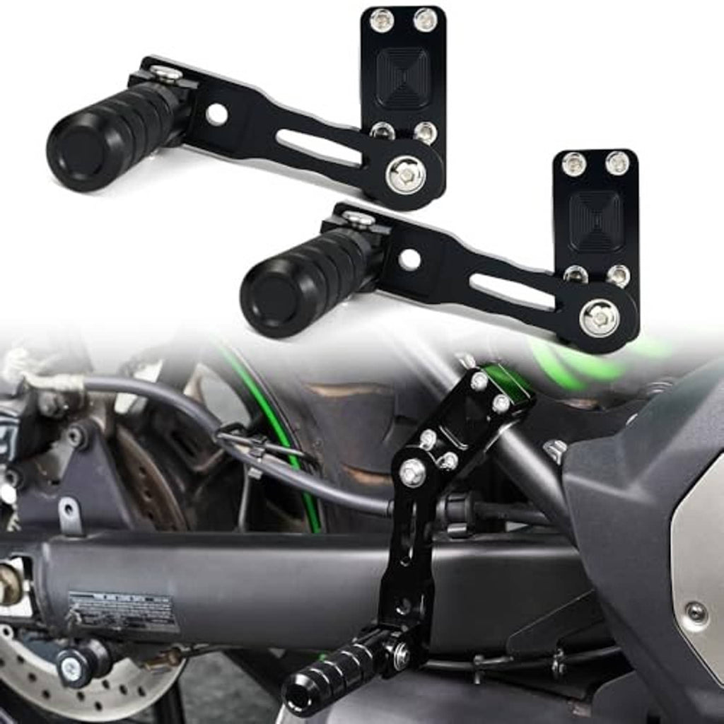 Black highway peg mounts installed on a motorcycle frame with passenger foot pegs