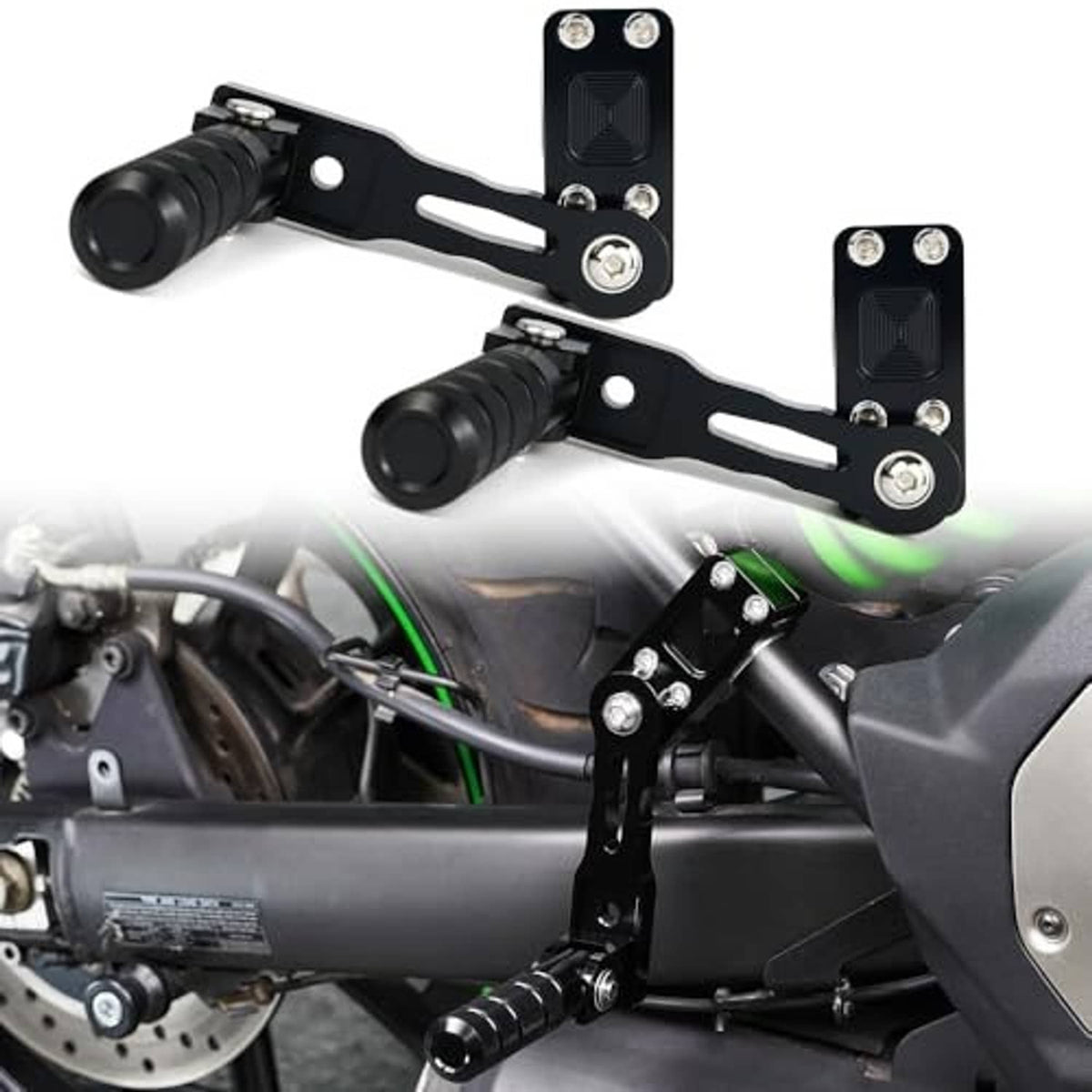 Black highway peg mounts installed on a motorcycle frame with passenger foot pegs