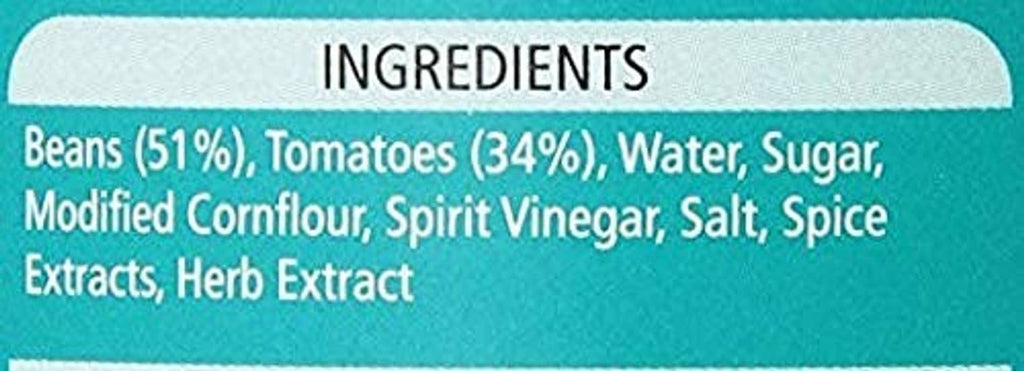 Heinz Beanz baked beans ingredients: beans, tomatoes, water, sugar, spice extracts