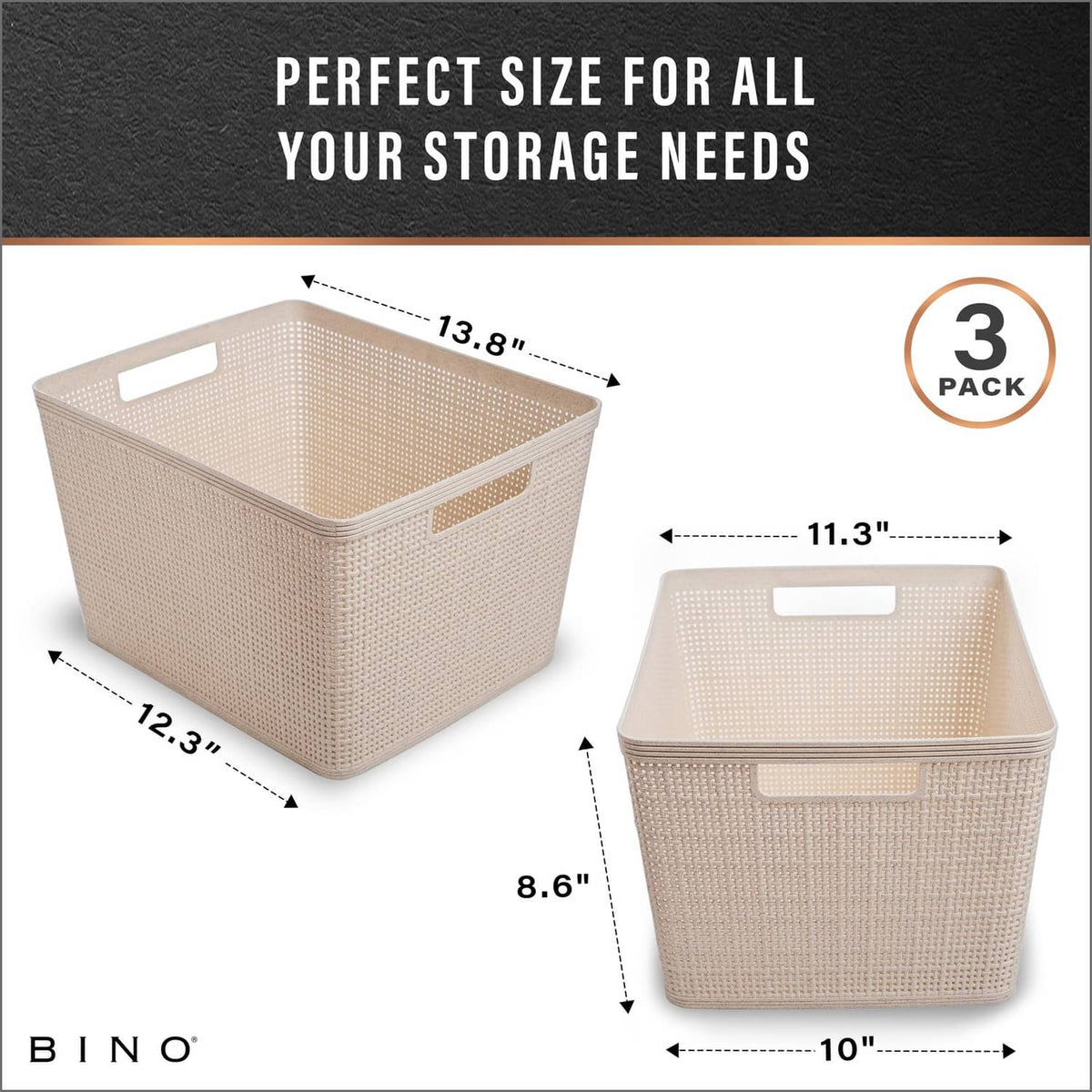 Large natural woven storage basket with cutout handle and open top, dimension shown