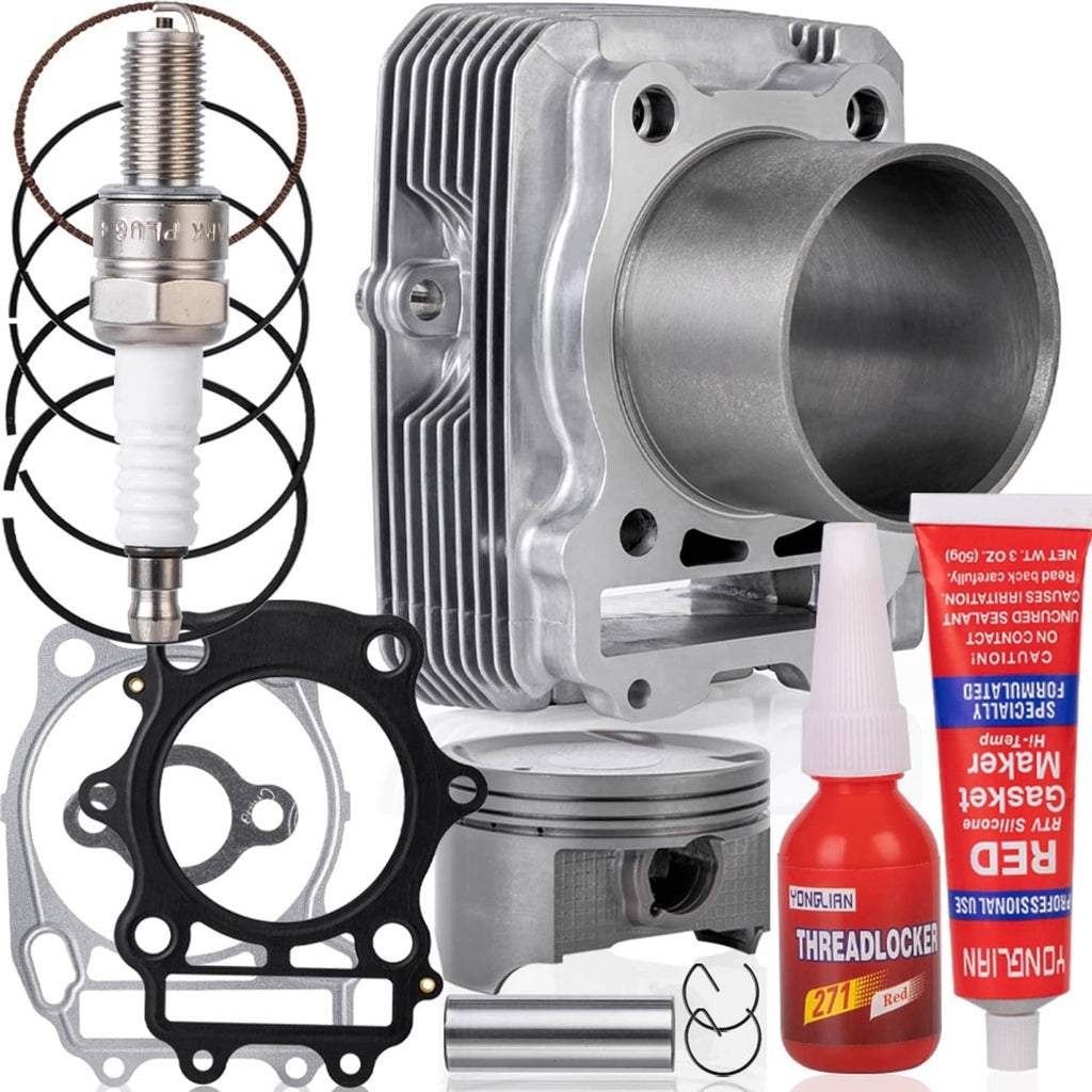 Cylinder head and piston parts set with base gasket and red threadlocker glue