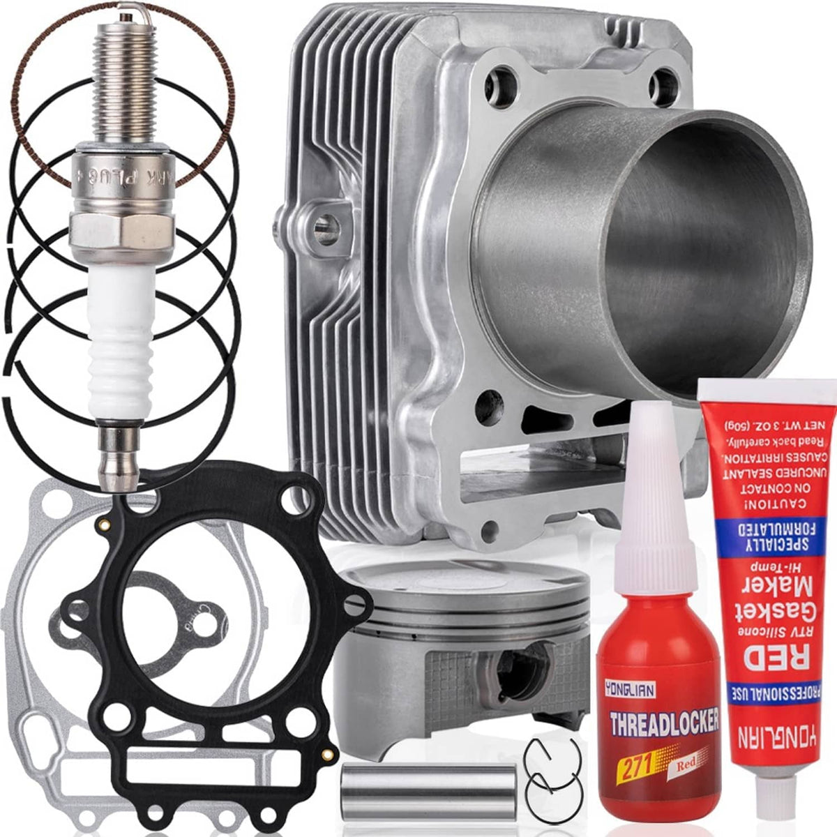 Cylinder head and piston parts set with base gasket and red threadlocker glue