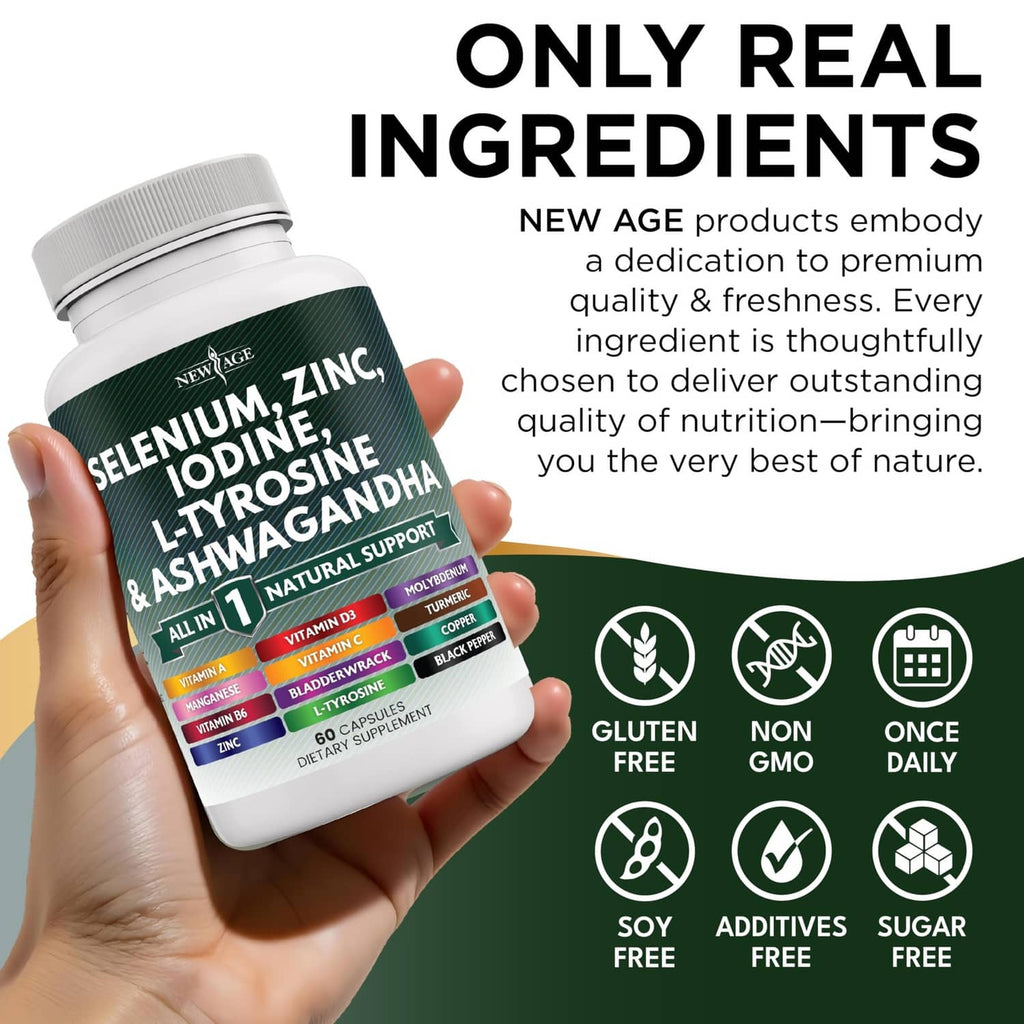 Hand holding Selenium, zinc, iodine supplement bottle with “Only Real Ingredients” text