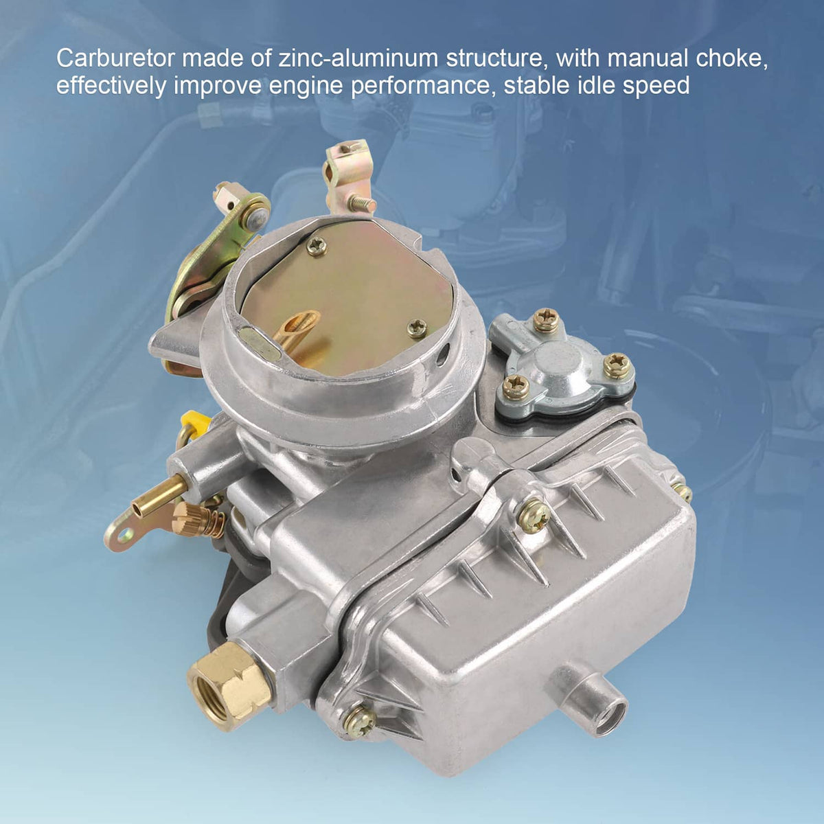 Zinc-aluminum carburetor with manual choke, silver body and brass fittings.