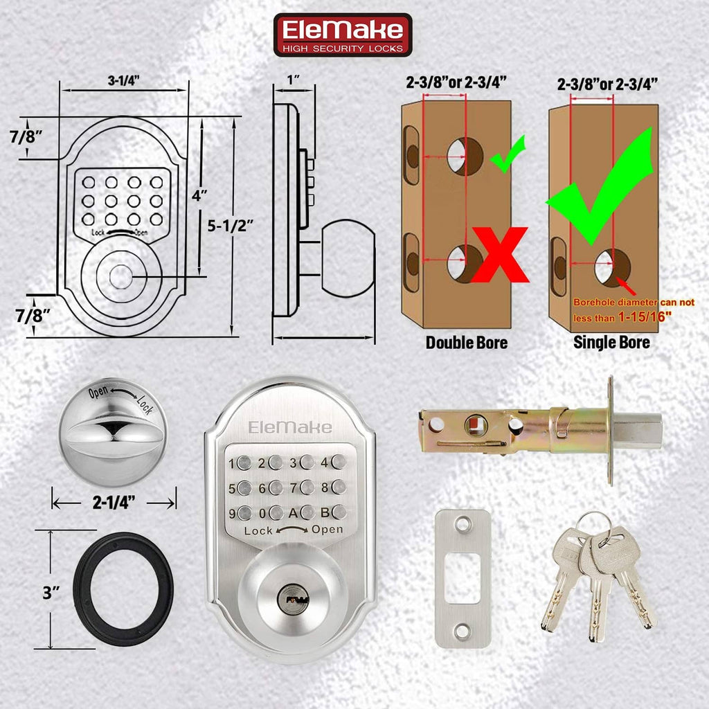 Keyless keypad deadbolt lock dimensions with keypad panel, thumb-turn, and mounting parts