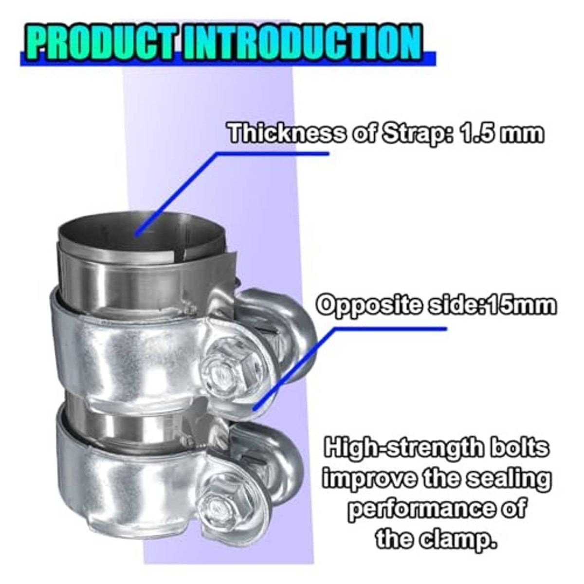 Stainless steel exhaust clamp with two band straps and bolts