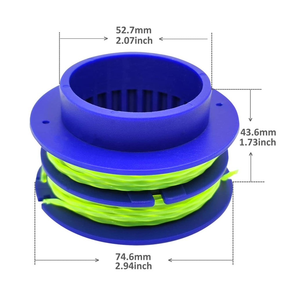 Blue trimmer line spool with neon green cutting line, with size diagram