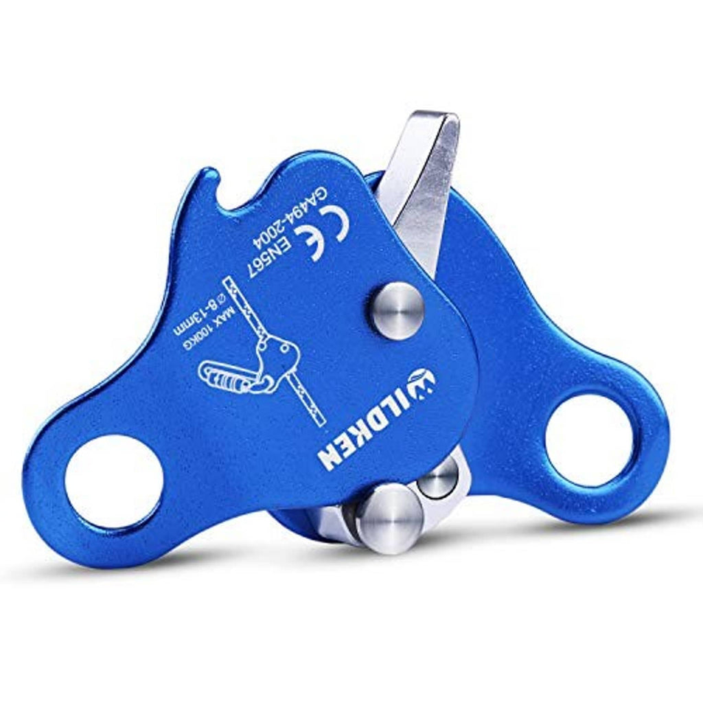 Blue ILDKEN rope grab belay device showing cam plates, two holes, and metal pins