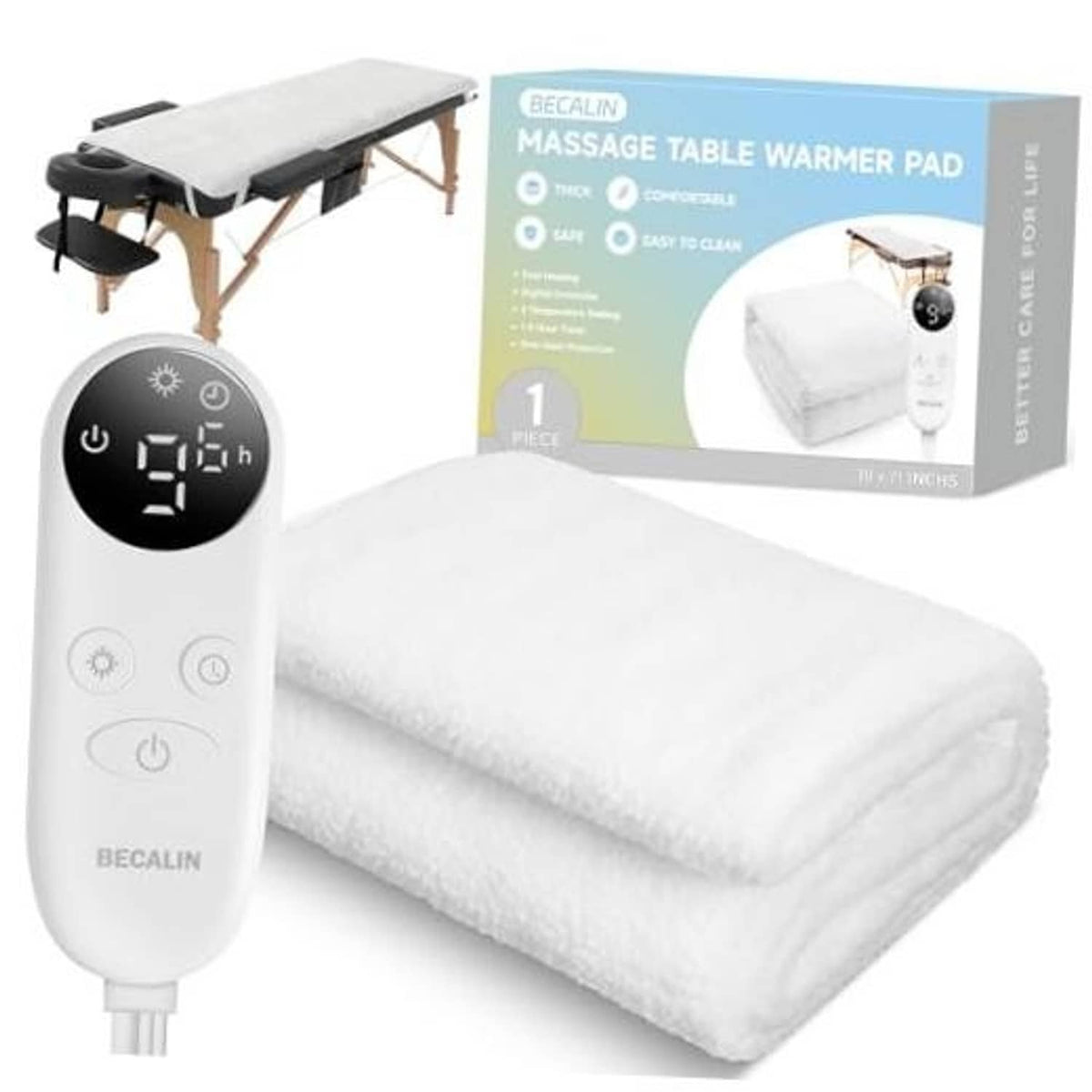 Massage table warmer pad with white cover and black digital controller