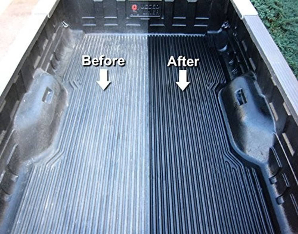 Truck bed surface coated with black bed liner gel, before and after arrows