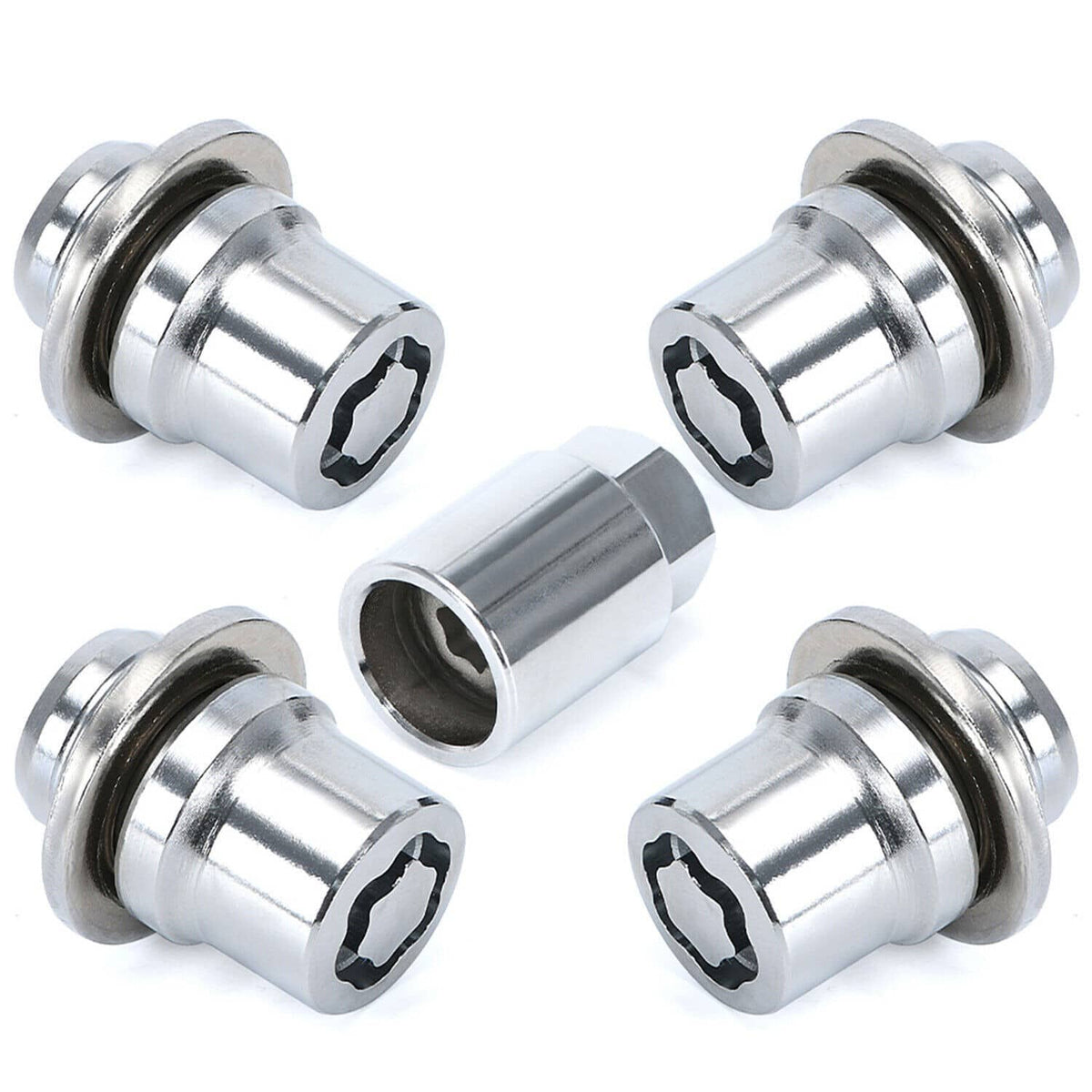 Alloy wheel lock lug nuts, chrome-plated, showing six-sided drive slots on each