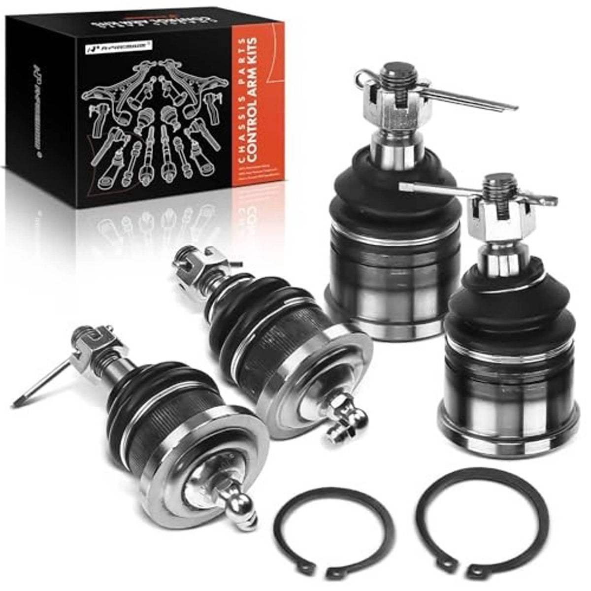 Ball joint kit with four metal ball joints, rubber boots, and boxed packaging