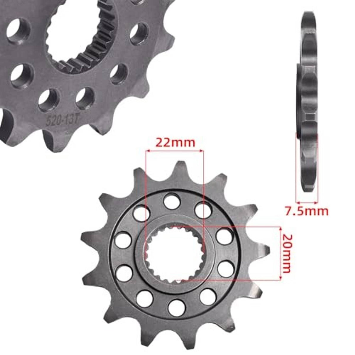Front sprocket with 22mm width and 7.5mm offset measurement callouts