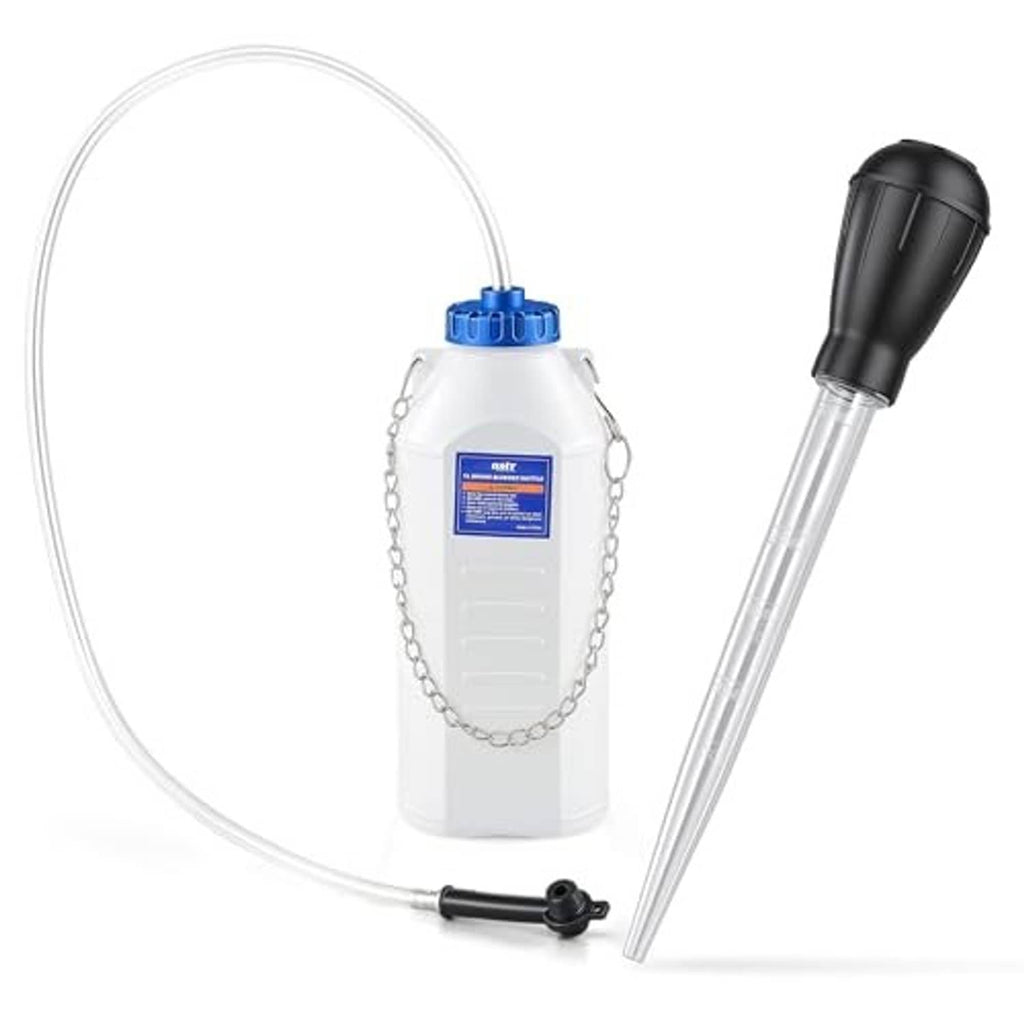 Brake bleeder bottle kit with white 1L bottle, blue cap, looped hose, and extractor