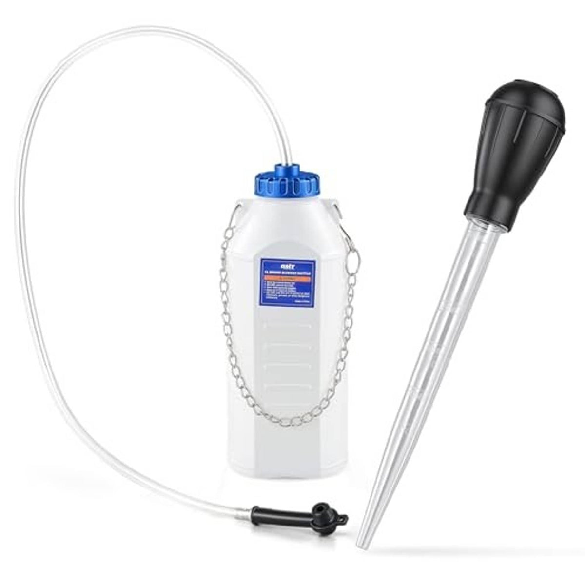 Brake bleeder bottle kit with white 1L bottle, blue cap, looped hose, and extractor