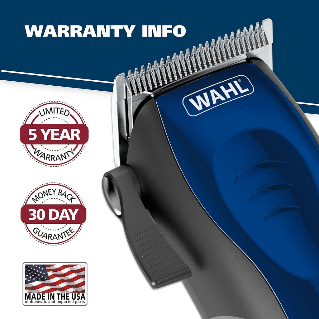 Blue and black corded hair clipper with limited 5-year warranty and 30-day guarantee