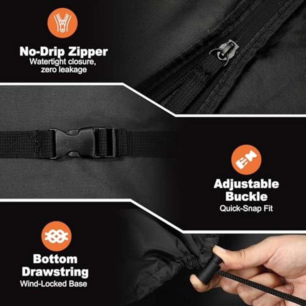 Black umbrella cover with zipper closure, adjustable buckle, and bottom drawstring