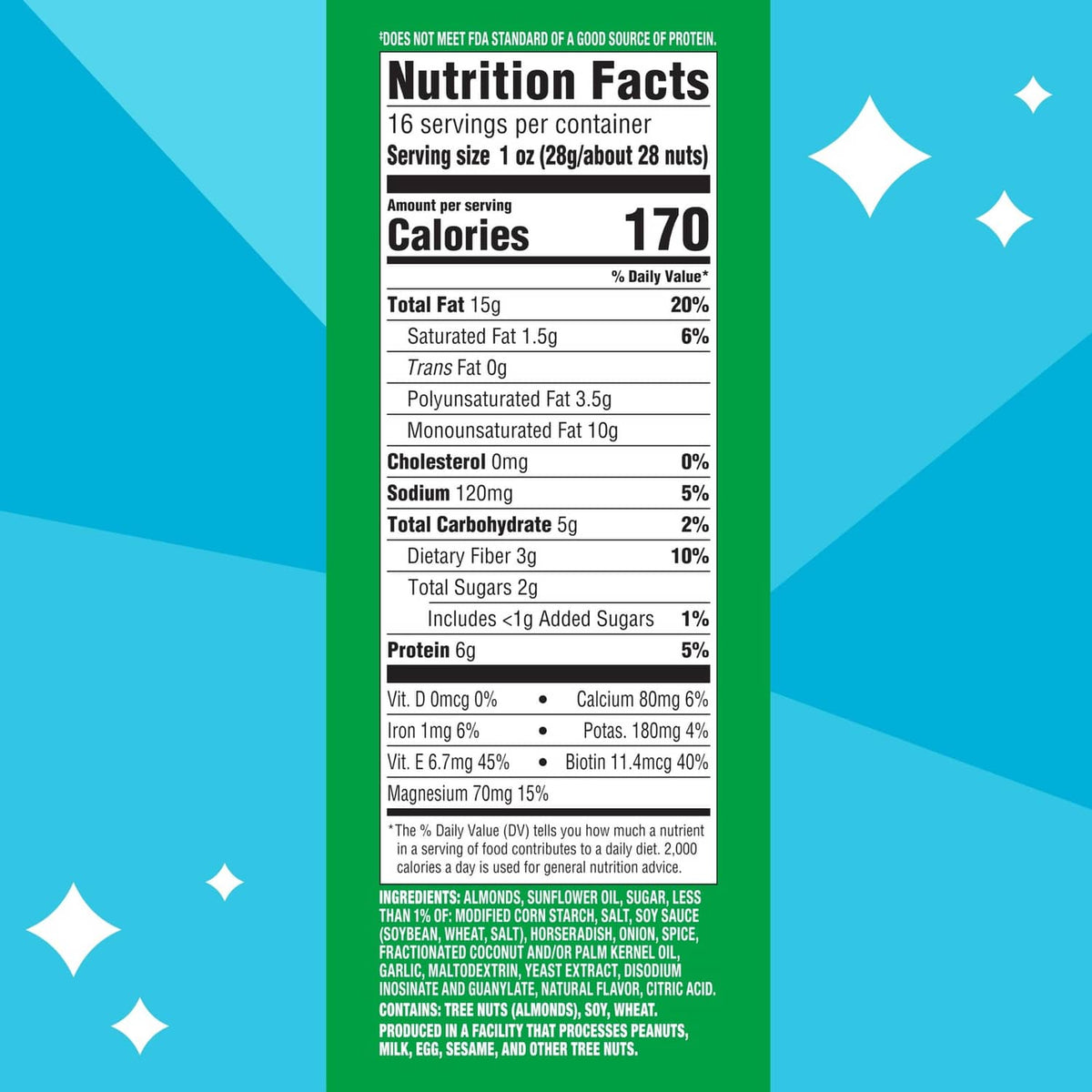 Nutrition Facts panel for wasabi & soy sauce almonds, 16 servings per container