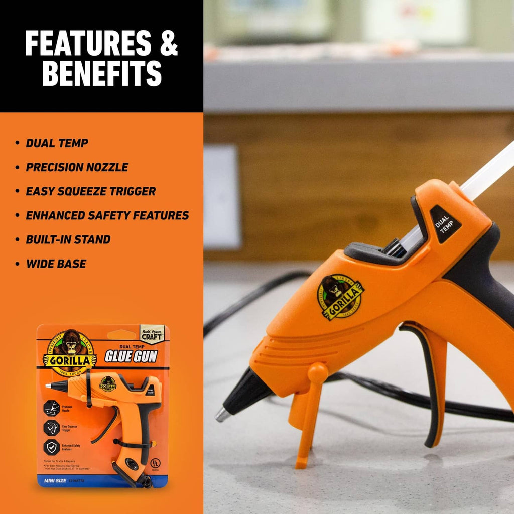 Mini orange hot glue gun with built-in stand, power cord, and a white glue stick