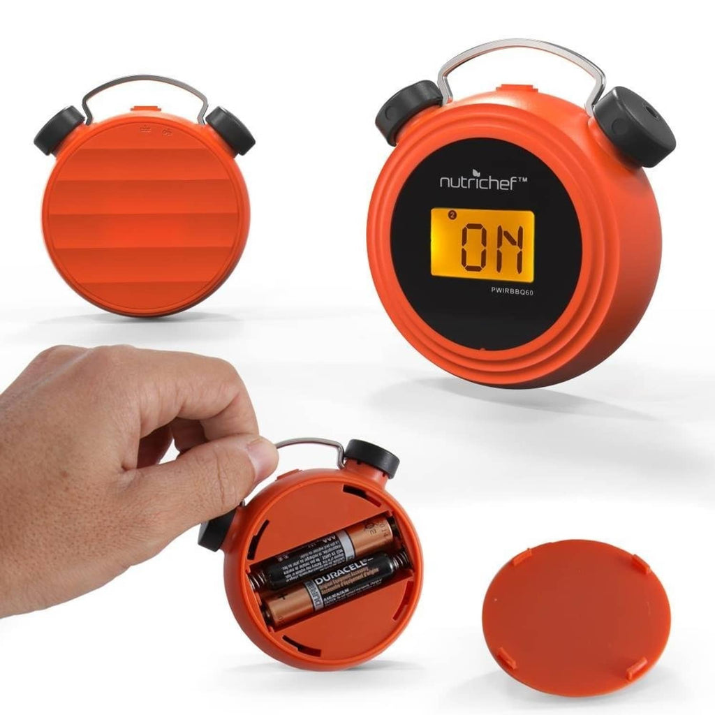 NutriChef Bluetooth meat thermometer in orange case; hand lifting battery cover