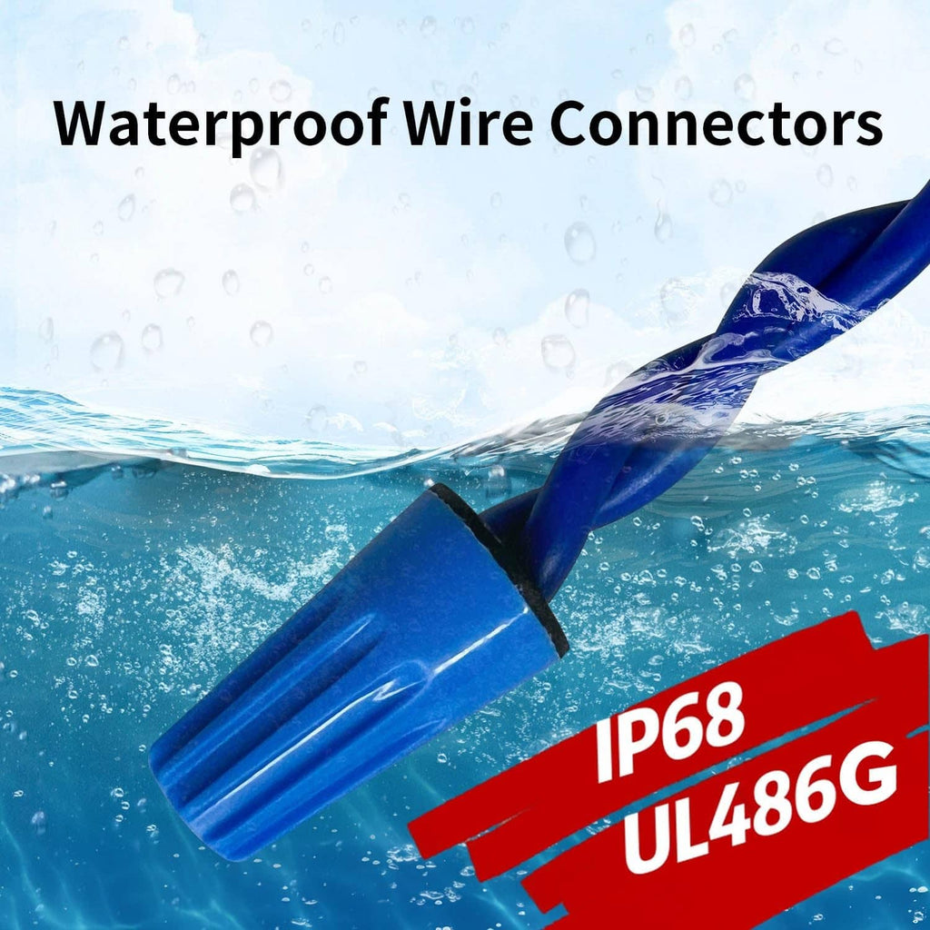 Blue waterproof wire connector with black circular end for sealing