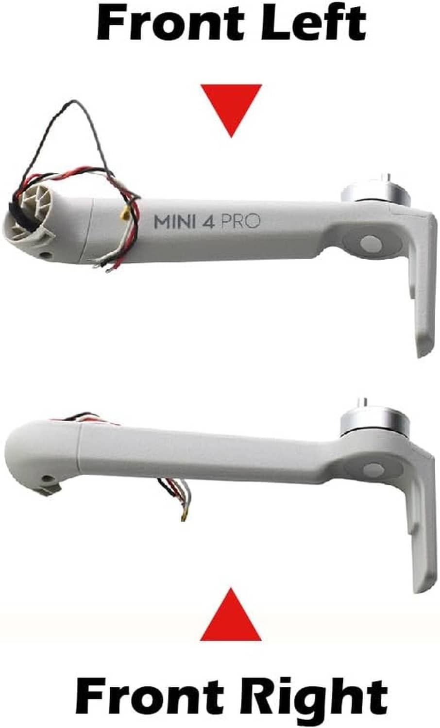 DJI Mini 4 Pro motor arm with exposed wiring, front left and front right views