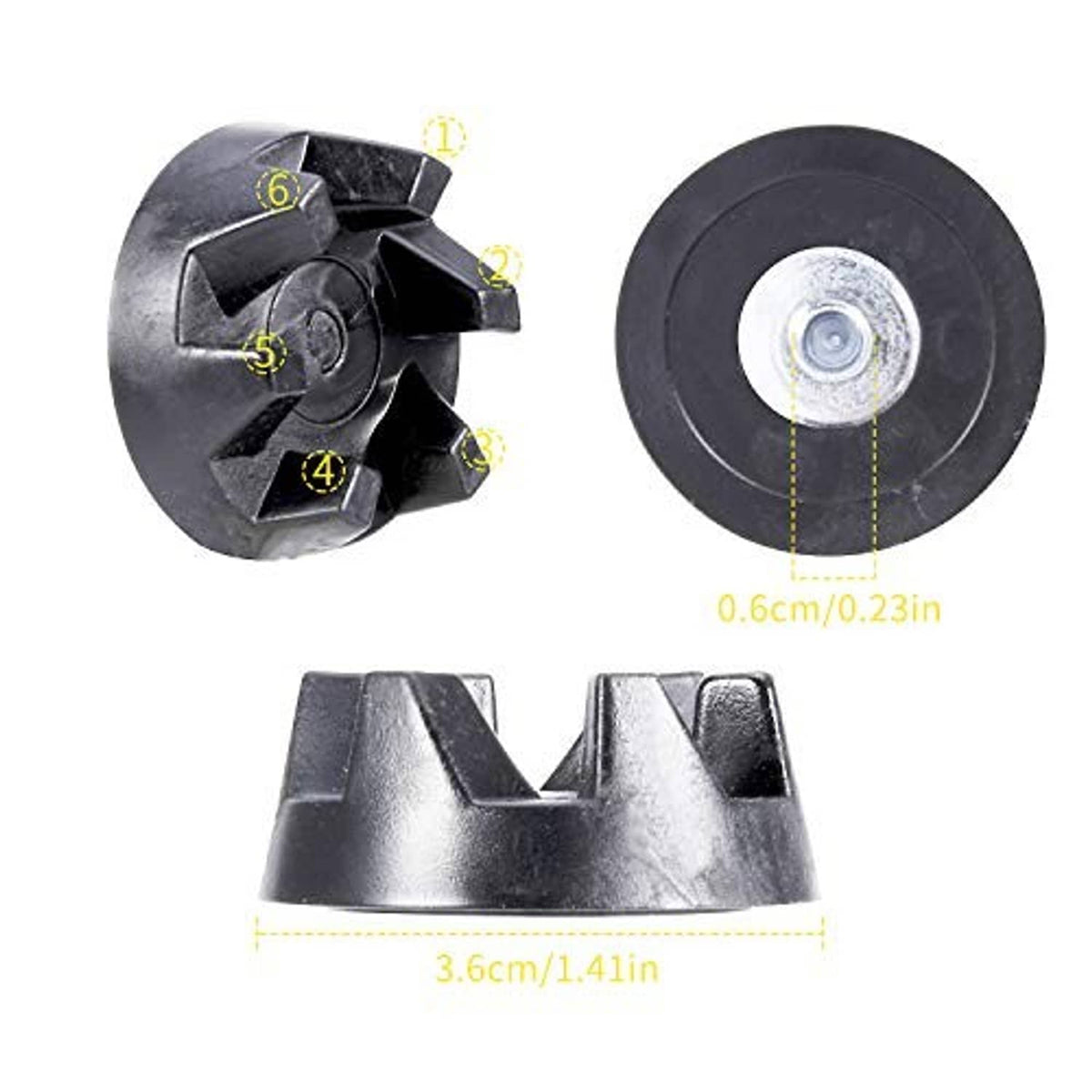 Black drive coupling disk set, showing center hub and labeled dimensions