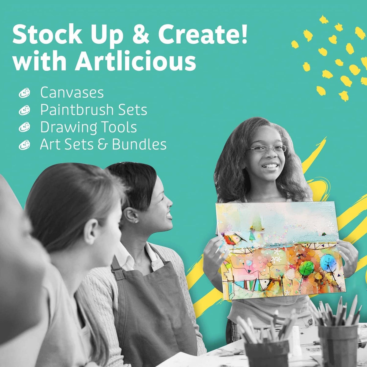 Child holding colorful art kit and brushes, ready for craft projects