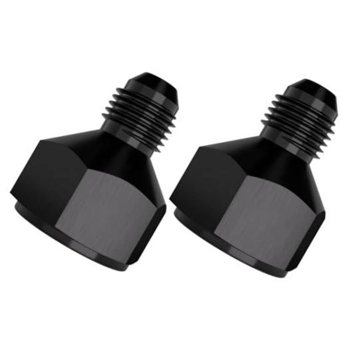 Black AN hose flare reducer fitting pair with male-threaded ends and hex bodies