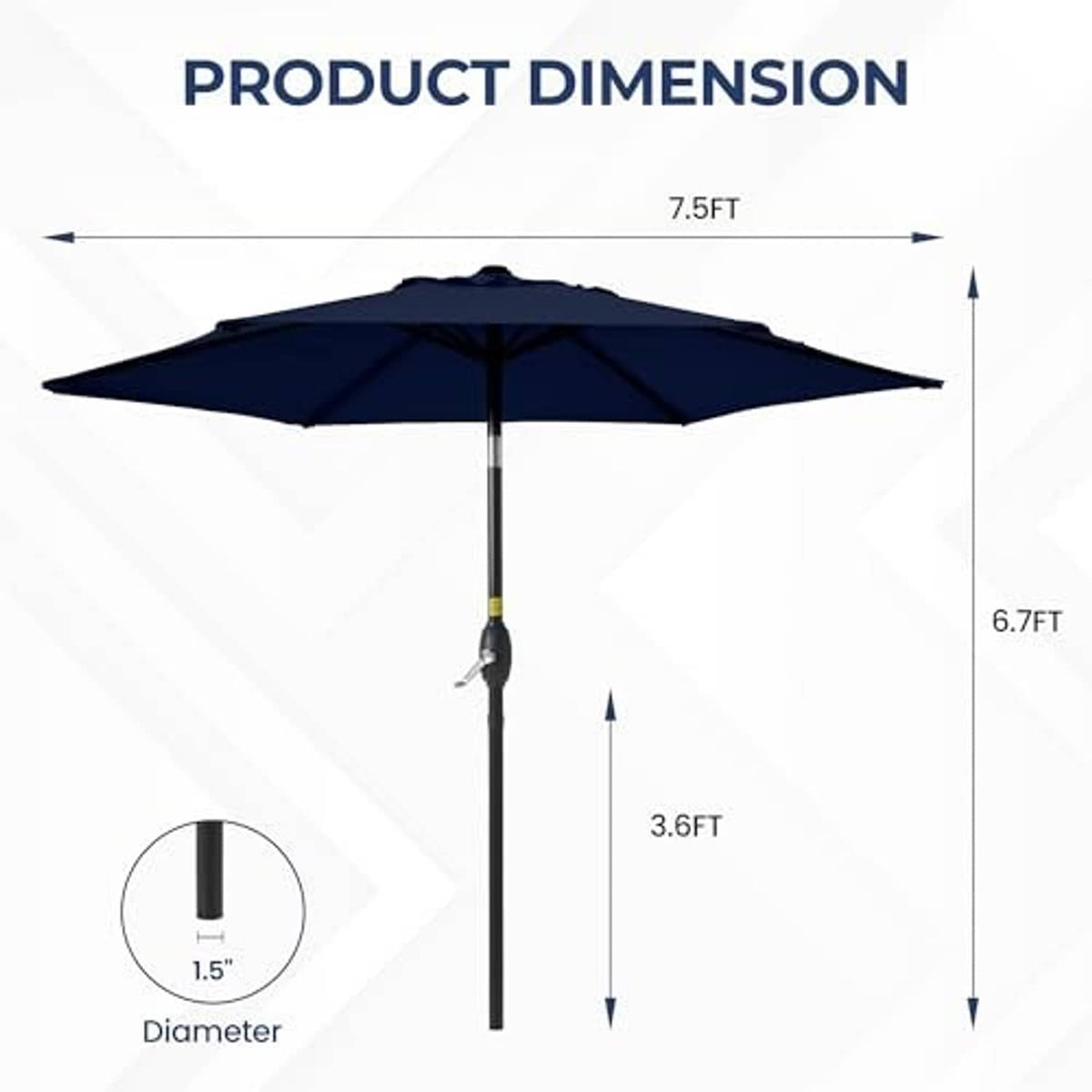 Navy blue patio table umbrella with canopy and tall central pole; size diagram