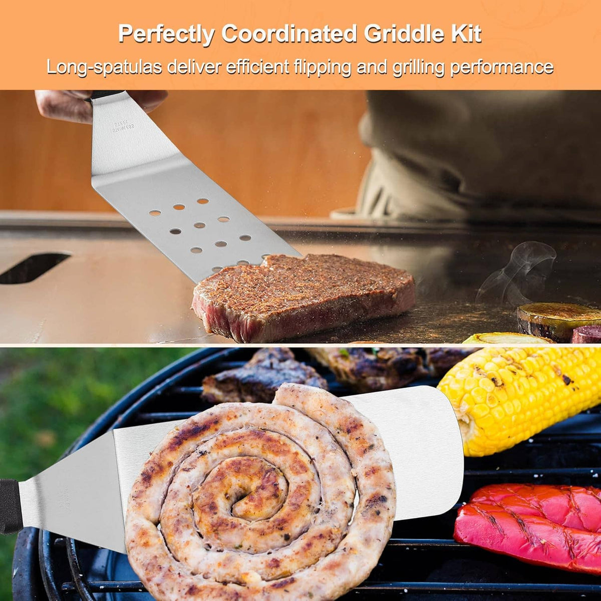 BBQ griddle spatula pair with perforated blades and padded meat resting blanket