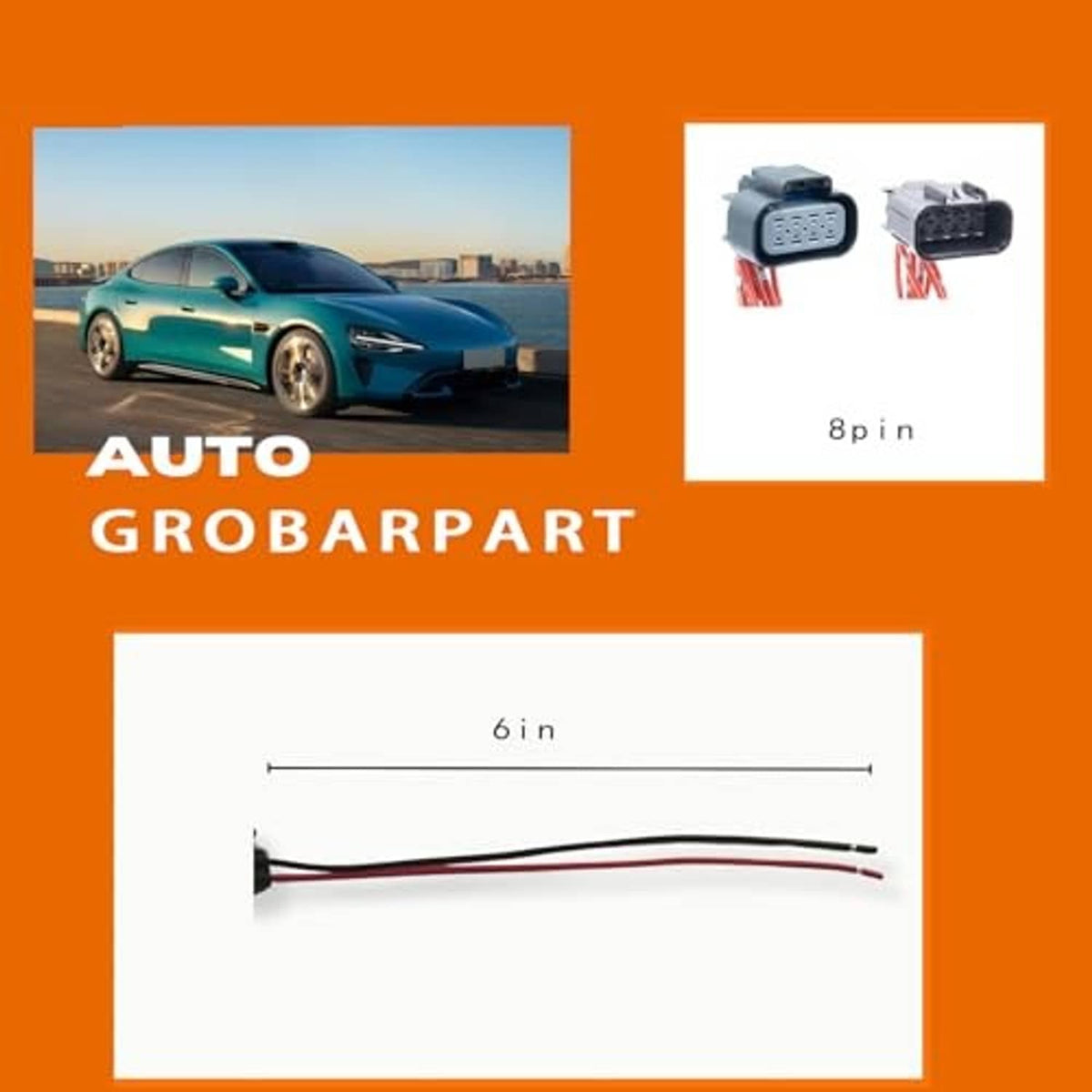 Headlight connector pigtail wire set with red-striped leads shown on packaging graphic