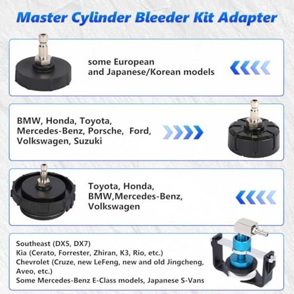 Master cylinder bleeder adapter kit with black bases and metal connector tips