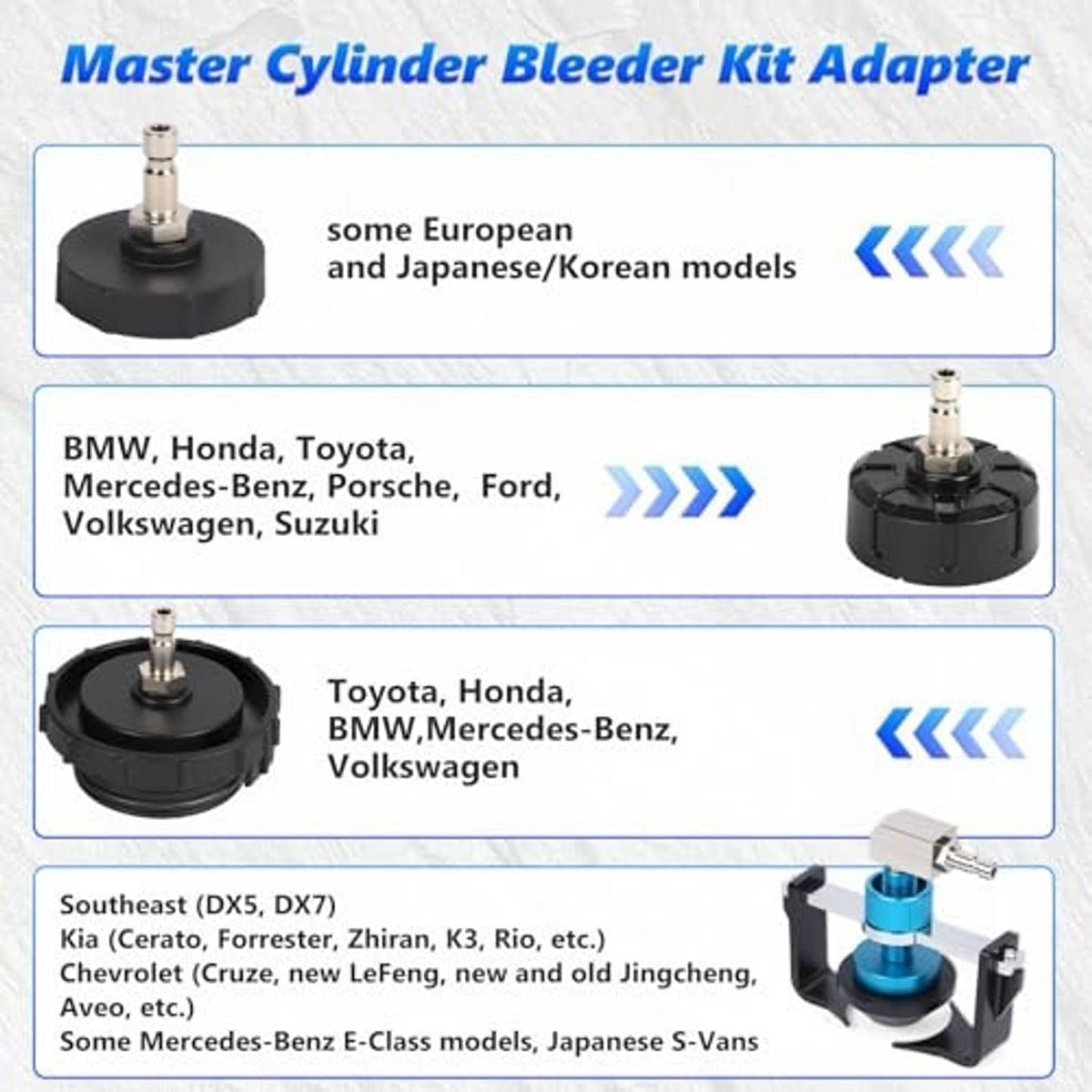 Master cylinder bleeder adapter kit with black bases and metal connector tips