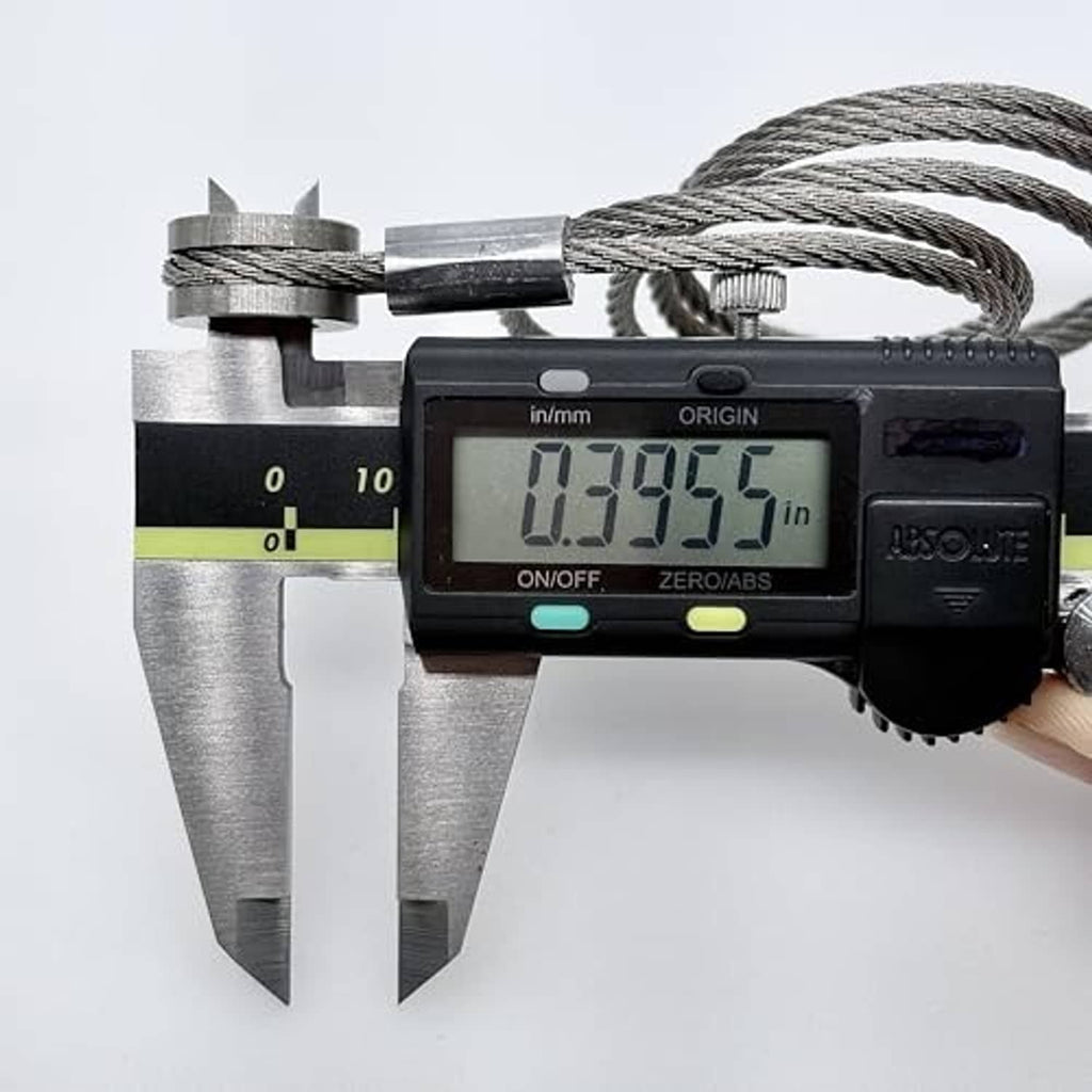 Braided steel hood release cable measured with digital caliper near loop eyelet end