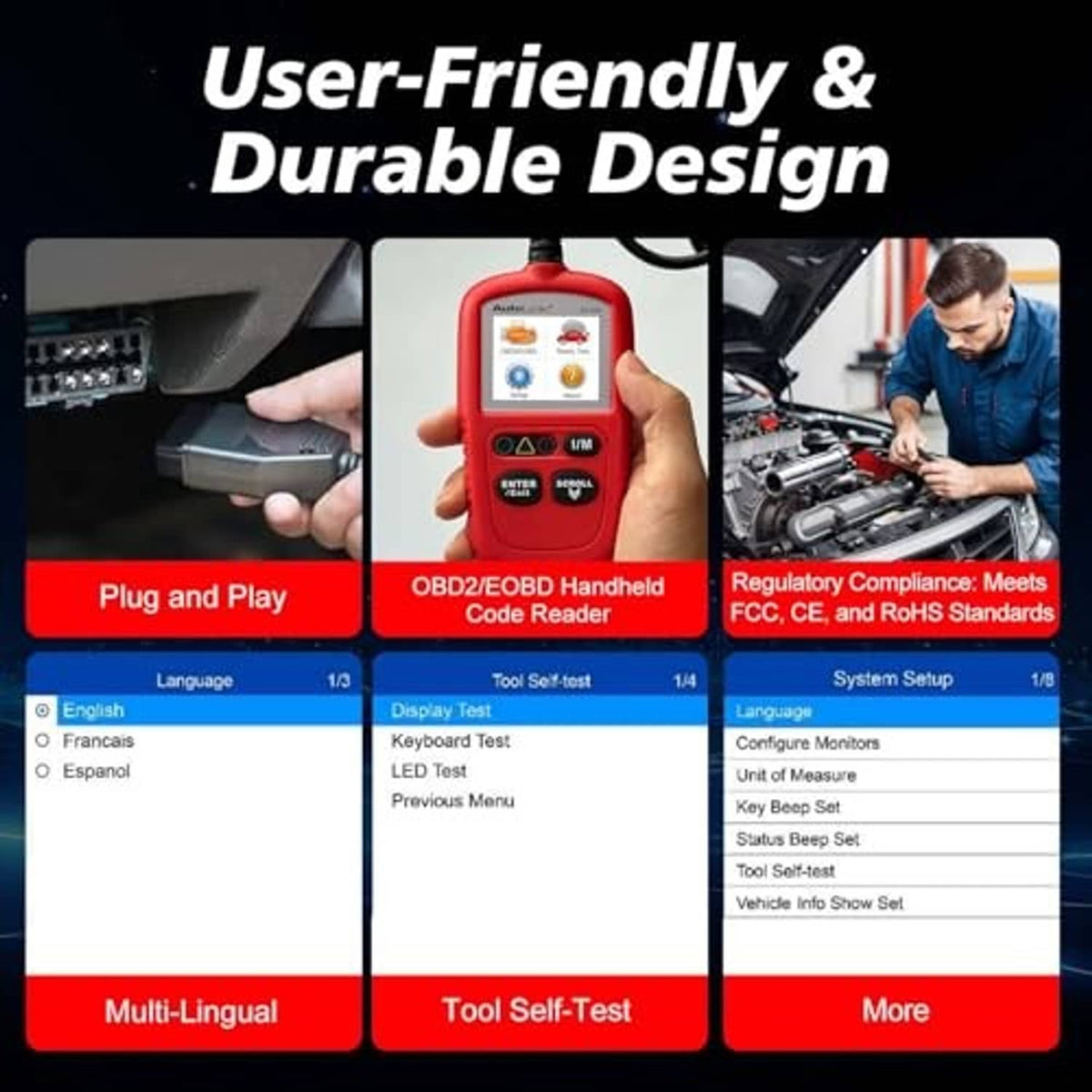 Red handheld OBD2 scanner design features shown with display and plug-and-play cable.