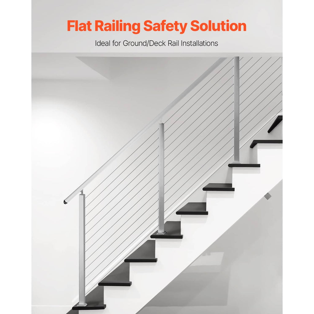 Stainless steel cable railing post section with wall-mounted handrail and brackets