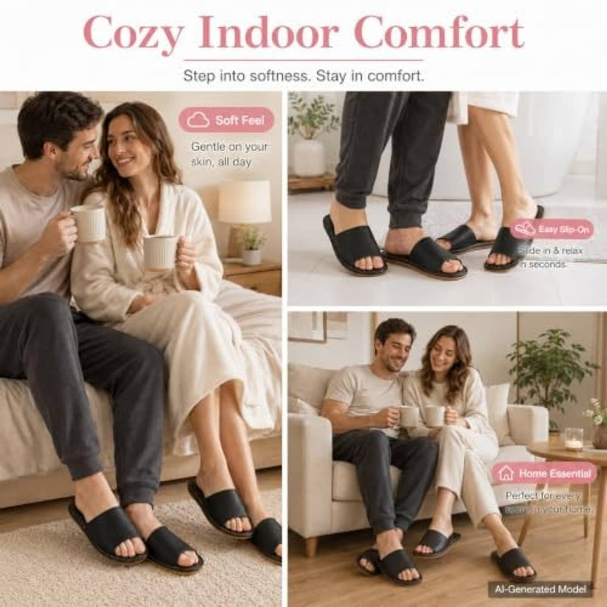 Black open-toe slide flat sandals worn by a seated couple indoors.