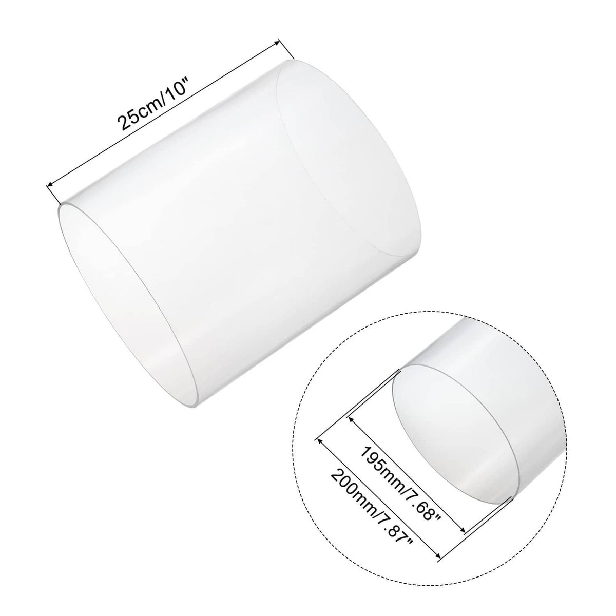 Rigid round acrylic tube with size diagram and angled view of the cylinder