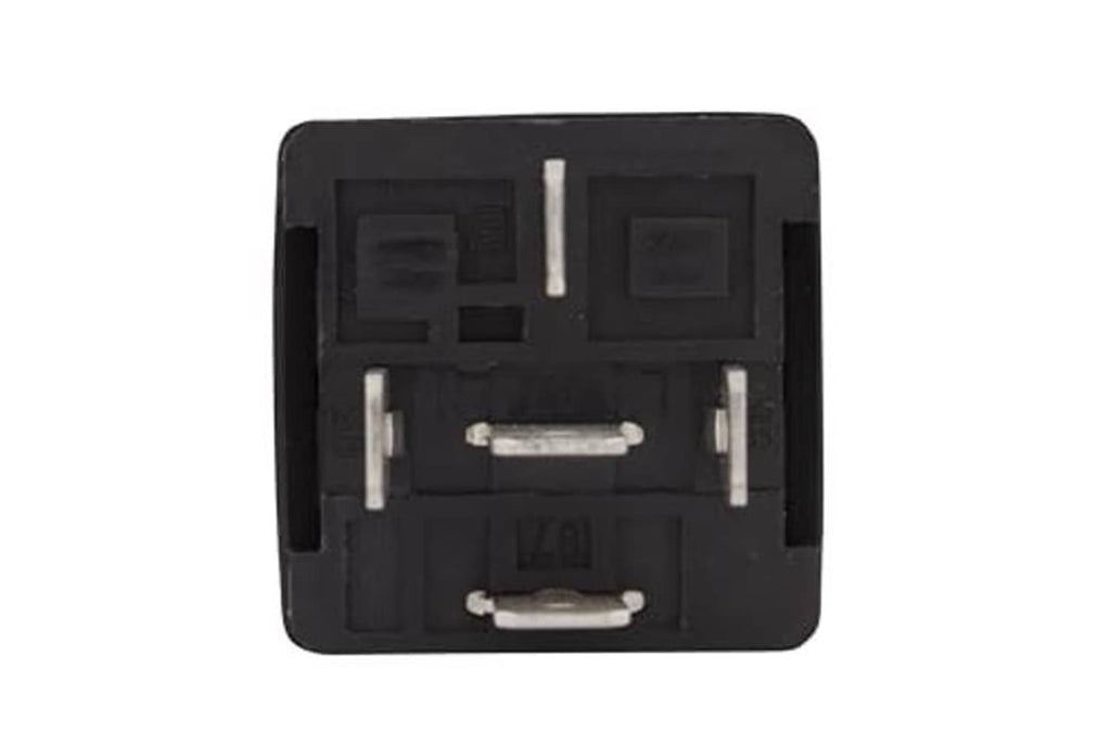 Black relay housing with exposed contact terminals and mounting slots