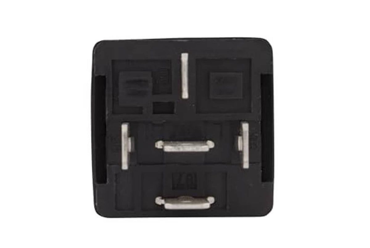 Black relay housing with exposed contact terminals and mounting slots