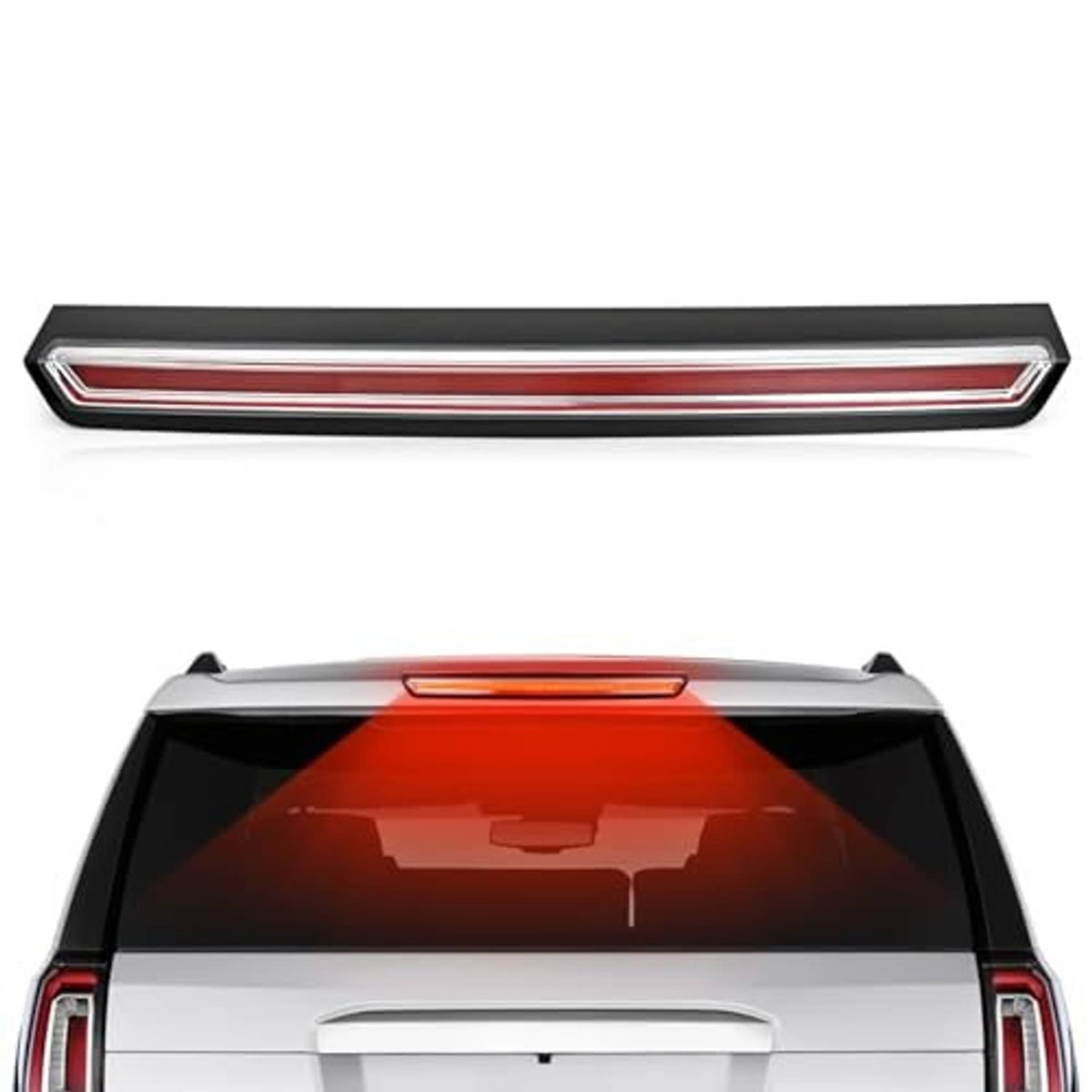 LED high mount stop light bar with red lens and chrome trim