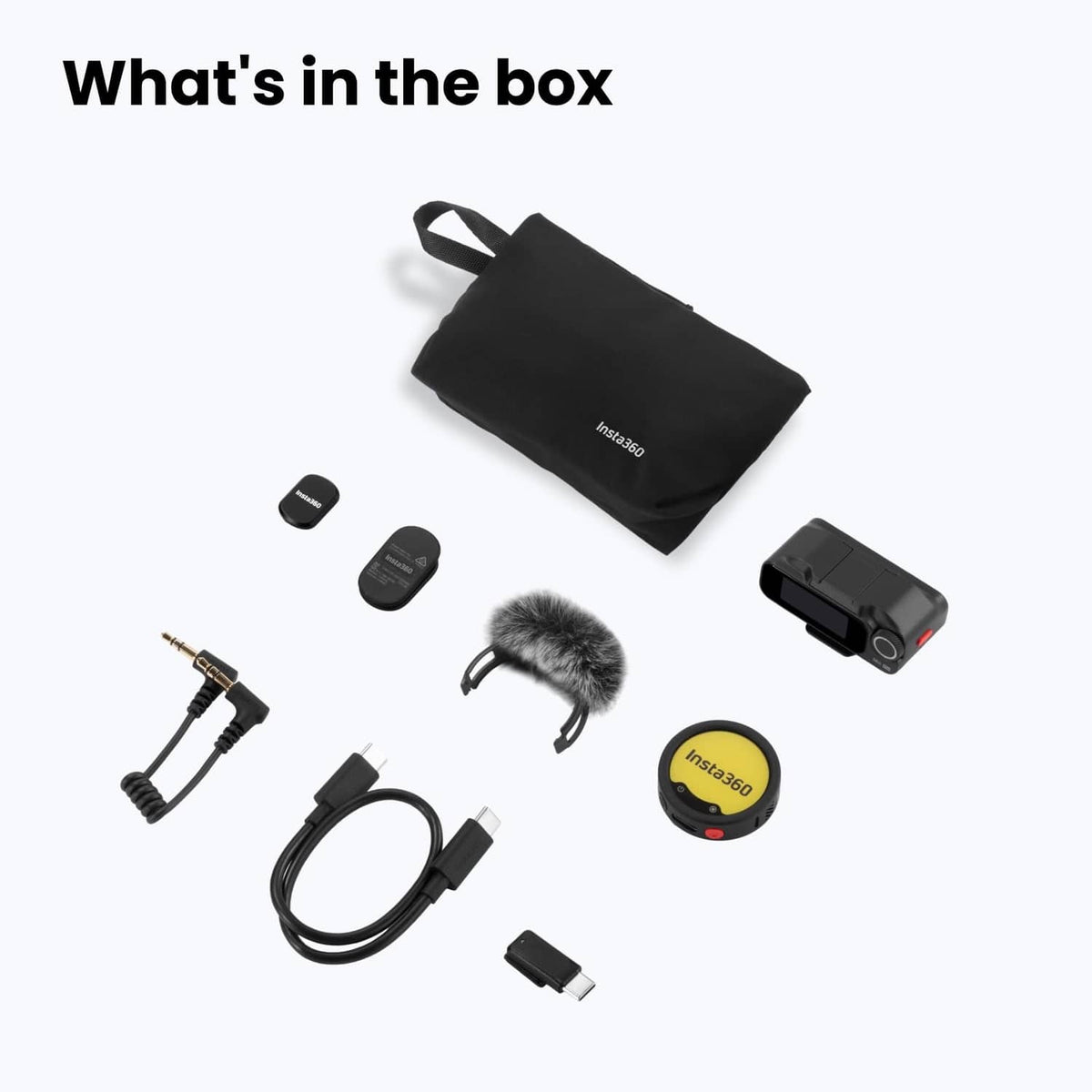 Insta360 Mic Pro kit contents: transmitters, receiver, cables, foam windscreen, pouch
