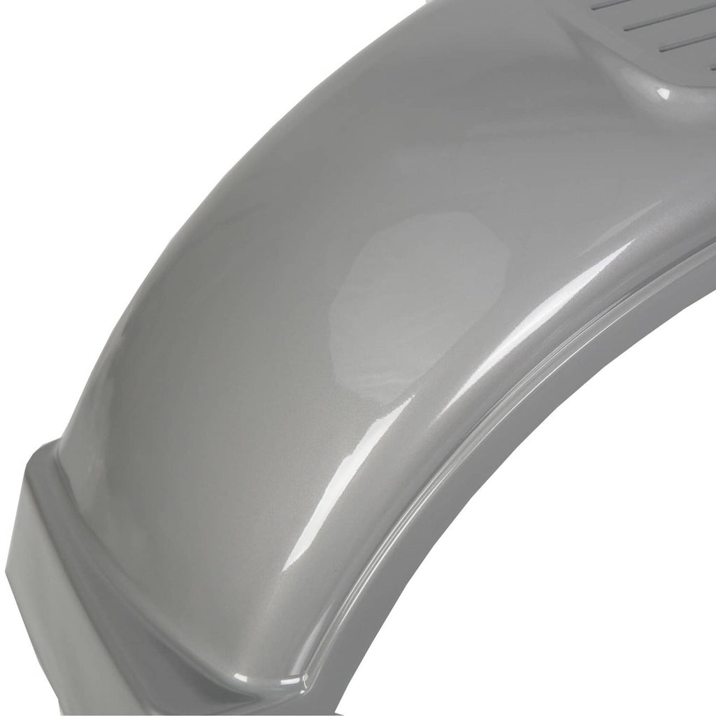 Gray plastic wheel fender with glossy finish and vented top panel, close-up